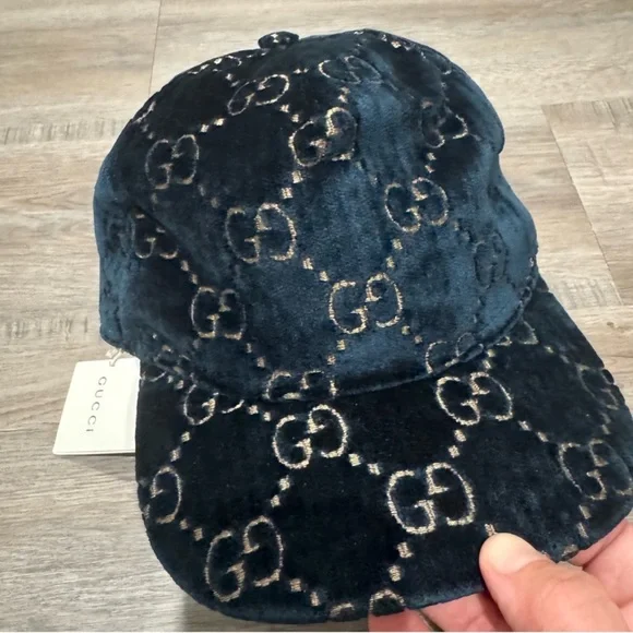Gucci Double GG Logo Sapphire Blue Gold Velvet Baseball Cap Hat - Picture 5 of 14